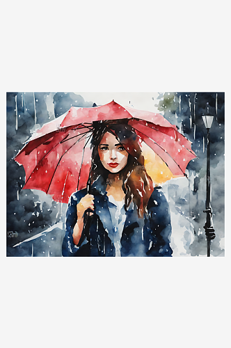 水彩手绘雨中打伞的女孩AI数字艺术