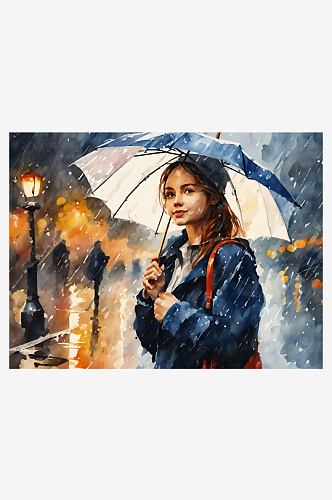 水彩手绘雨中打伞的女孩AI数字艺术