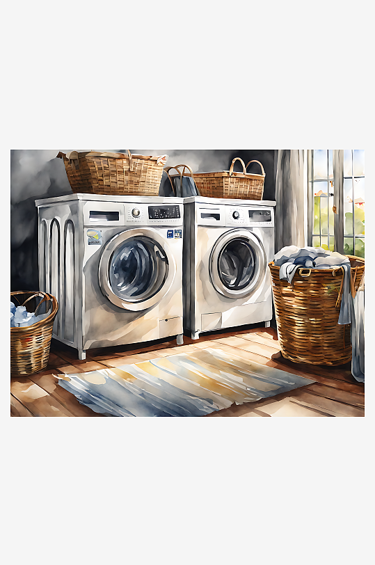 水彩手绘洗衣篮和洗衣机AI数字艺术