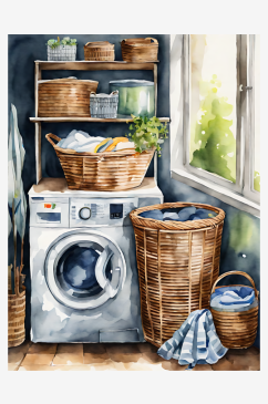 水彩手绘洗衣篮和洗衣机AI数字艺术