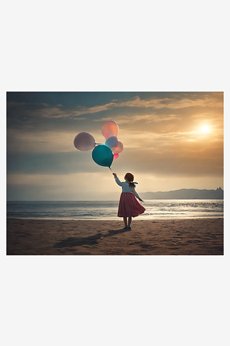 摄影风海边拿着气球的女孩AI数字艺术
