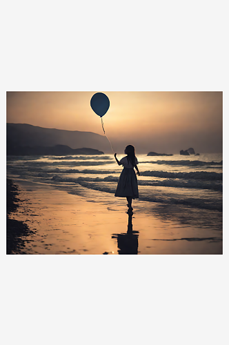 摄影风海边拿着气球的女孩AI数字艺术
