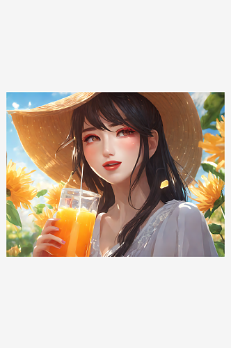 动漫风阳光下喝橙汁的女孩AI数字艺术