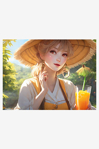 动漫风阳光下喝橙汁的女孩AI数字艺术