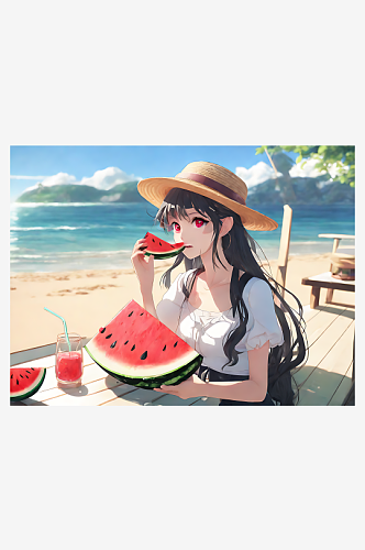 动漫风夏天在海边吃西瓜的女孩AI数字艺术