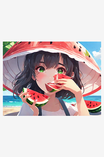 动漫风夏天在海边吃西瓜的女孩AI数字艺术