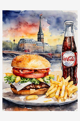 汉堡薯条可乐水彩画AI数字艺术