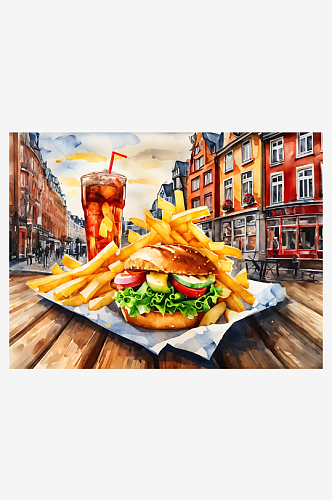 汉堡薯条可乐水彩画AI数字艺术