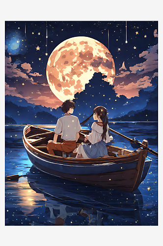 动漫风夜晚划船的情侣AI数字艺术