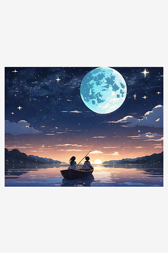 动漫风夜晚划船的情侣AI数字艺术