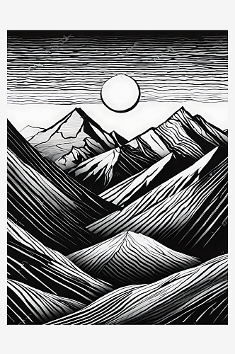 黑白手绘线条夕阳下的山脉AI数字艺术