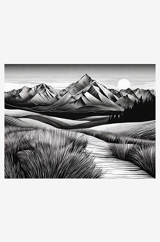 黑白手绘线条夕阳下的山脉AI数字艺术
