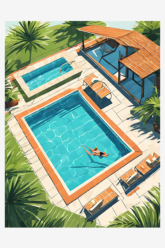 扁平风夏季游泳池插画AI数字艺术