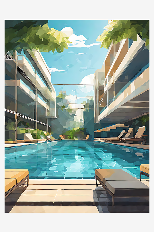 扁平风夏季游泳池插画AI数字艺术
