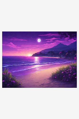 动漫风紫色浪漫的夜晚海滩AI数字艺术