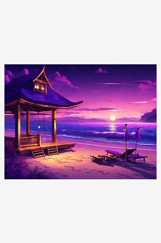 动漫风紫色浪漫的夜晚海滩AI数字艺术