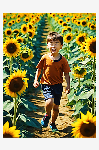 向日葵花海里奔跑的男孩水彩画AI数字艺术