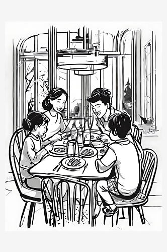 卡通风一家人在吃饭插画AI数字艺术