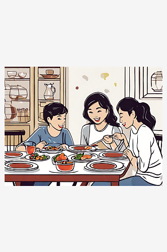 卡通风一家人在吃饭插画AI数字艺术