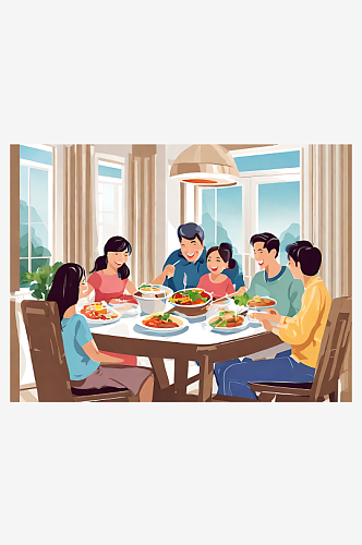 卡通温馨一家人在吃饭AI数字艺术