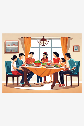AI数字艺术卡通一家人在吃饭