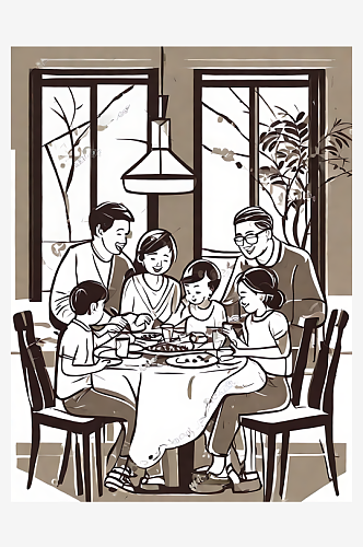 AI数字艺术卡通一家人在吃饭