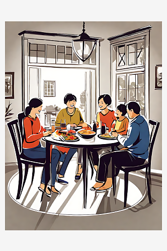 AI数字艺术一家人在吃饭场景