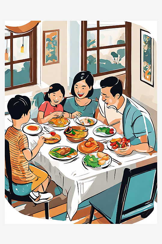 AI数字艺术一家人在吃饭场景插画
