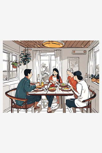 AI数字艺术一家人在吃饭场景插画