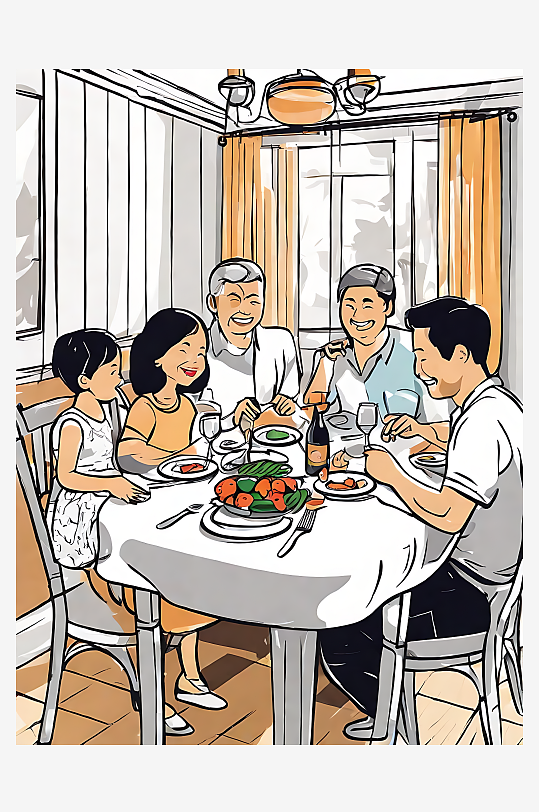 一家人正在吃饭插画AI数字艺术