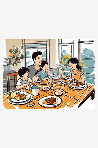 一家人正在吃饭插画AI数字艺术