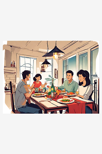 一家人正在吃饭温馨插画AI数字艺术
