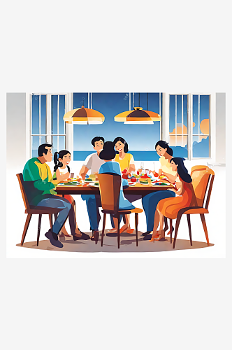 一家人正在吃饭温馨插画AI数字艺术