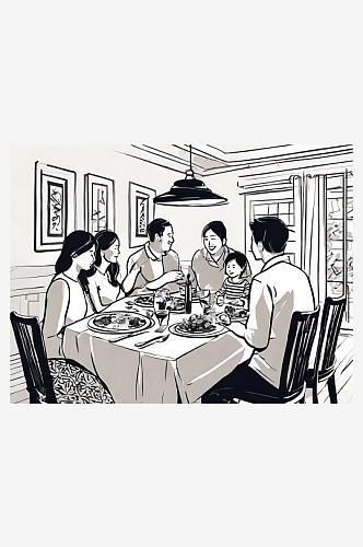 温馨一家人正在吃饭插画AI数字艺术