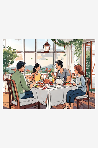 温馨一家人正在吃饭插画AI数字艺术