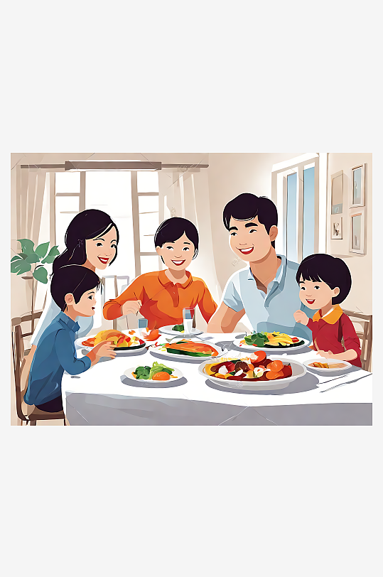 卡通温馨一家人正在吃饭插画AI数字艺术
