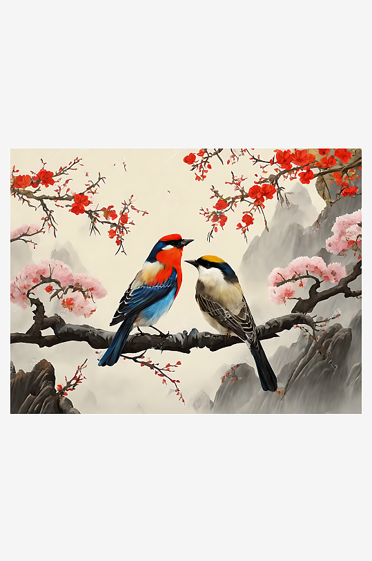AI数字艺术中国风站在树枝上的鸟儿