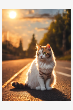 摄影风夕阳下马路的猫咪AI数字艺术