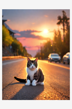 摄影风夕阳下马路的猫咪AI数字艺术