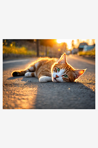 AI数字艺术摄影风夕阳下马路边的猫咪