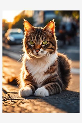 摄影风格夕阳下马路边的猫咪AI数字艺术