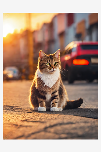 摄影风格夕阳下马路边的猫咪AI数字艺术