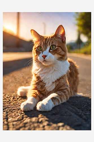 摄影风夕阳下马路边的猫咪AI数字艺术