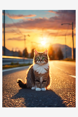 摄影风夕阳下马路边的猫咪AI数字艺术