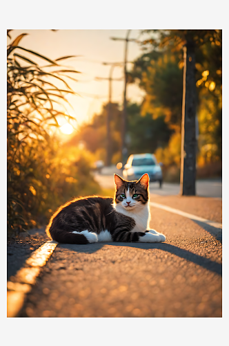 摄影风夕阳下马路边的猫咪AI数字艺术