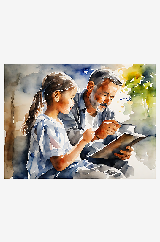 水彩画父亲与孩子AI数字艺术