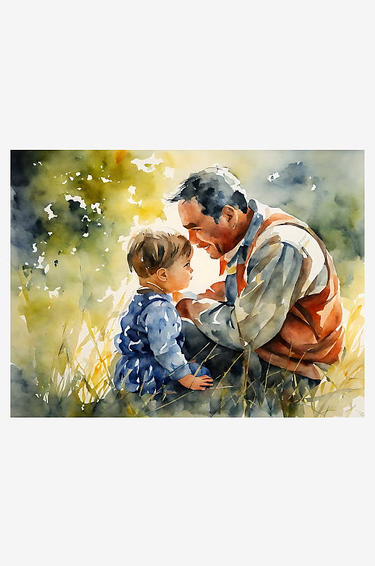 AI数字艺术水彩风格父亲与孩子图片