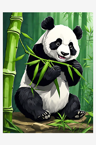AI数字艺术卡通风正在吃竹子的熊猫