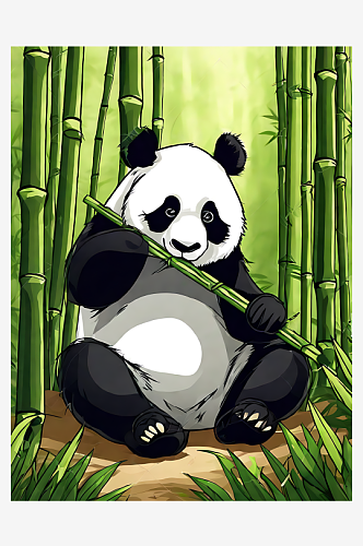 AI数字艺术卡通风格正在吃竹子的熊猫