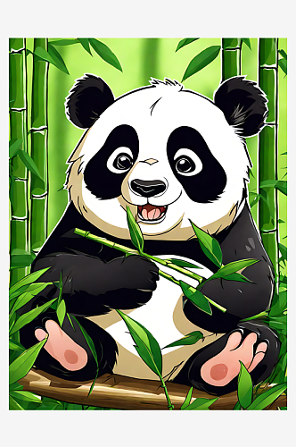 AI数字艺术卡通风格正在吃竹子的熊猫